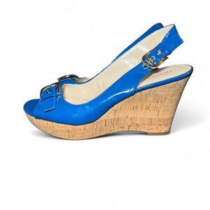 Franco Sarto Blue Buckle Peep Toe Sling-back Wedges Size 10